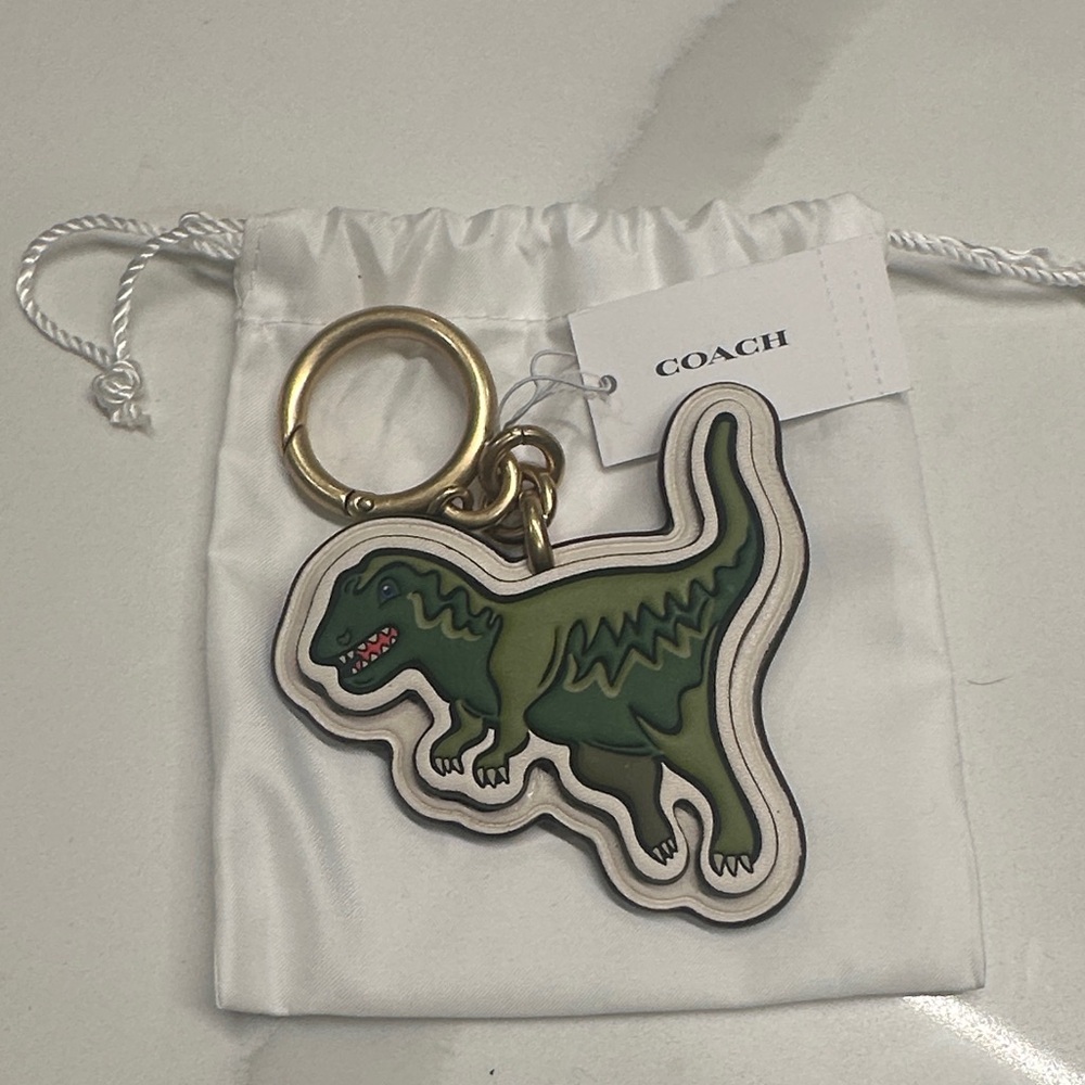 Coach Olive Green Dinosaur Keychain with Gold Ring